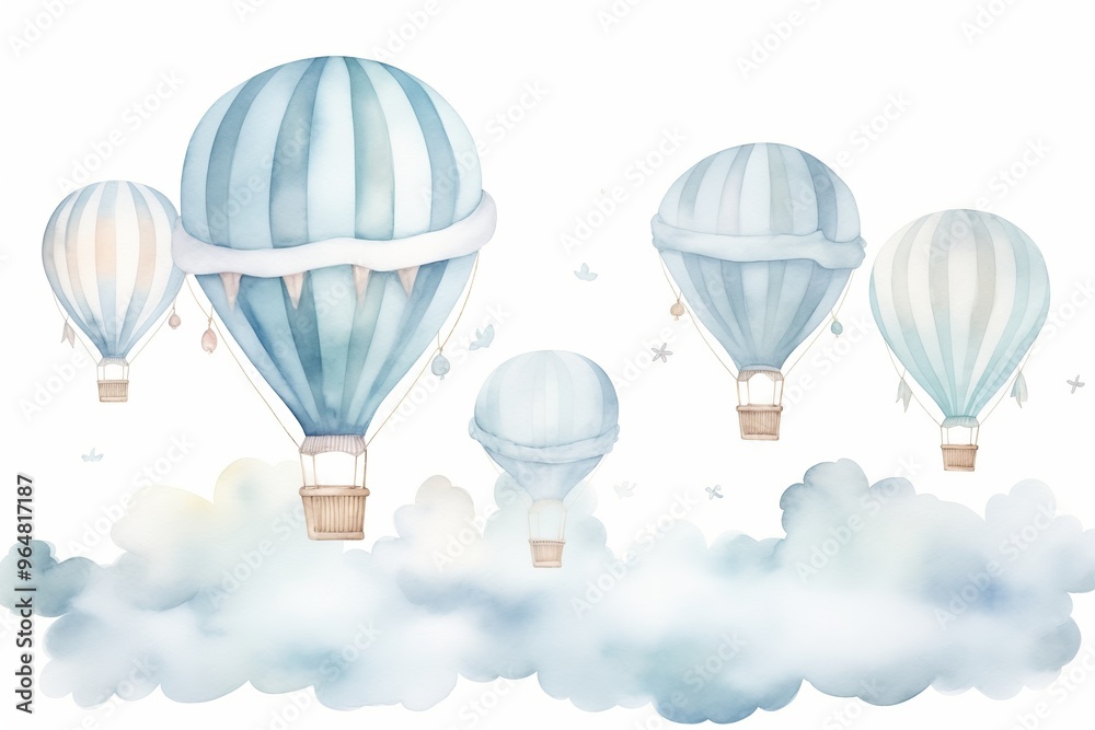 Obraz premium Hand drawn watercolor illustration - hot air balloons in the sky. Collection with retro airship. Perfect for baby prints, children posters, home decor, invitations etc 