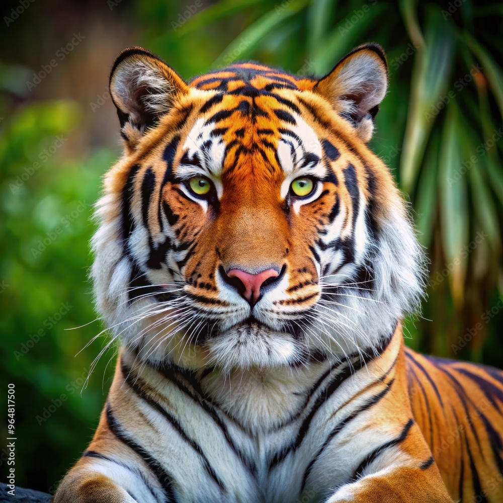 Stunning tiger resting in vibrant greenery, showcasing its striking features. Generative AI Stunning tiger resting in vibrant greenery, showcasing its striking features. Generative AI