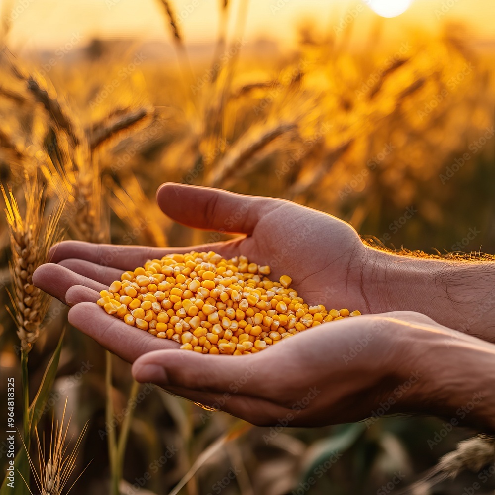 Farmer holding yellow grains in the golden light of sunset. AI generated image. Harvesting Background Farmer holding yellow grains in the golden light of sunset. AI generated image. Harvesting Background