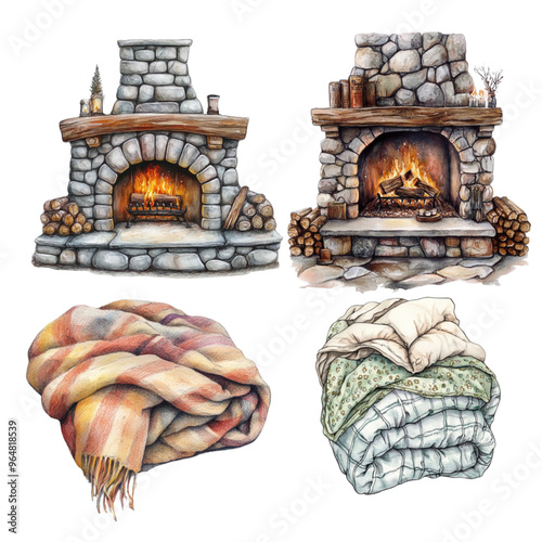fireplace with firewood,blanket