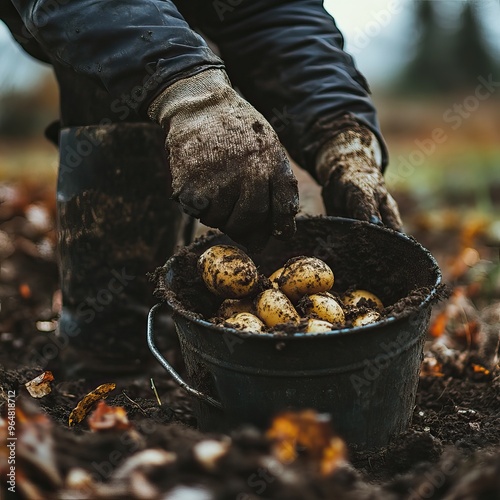 Farmer hands harvesting potatoes in a bucket. AI generated image