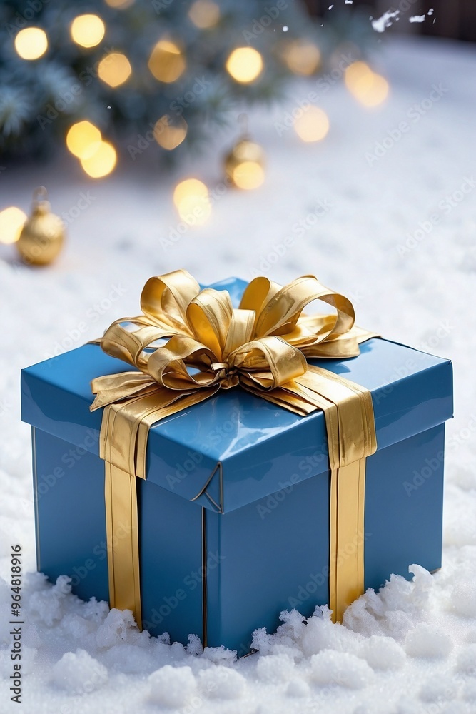 Blue Gift Box Standing on Snow, Adorned with Golden Elements, Symbolizing Sales and Winter Holidays Blue Gift Box Standing on Snow, Adorned with Golden Elements, Symbolizing Sales and Winter Holidays