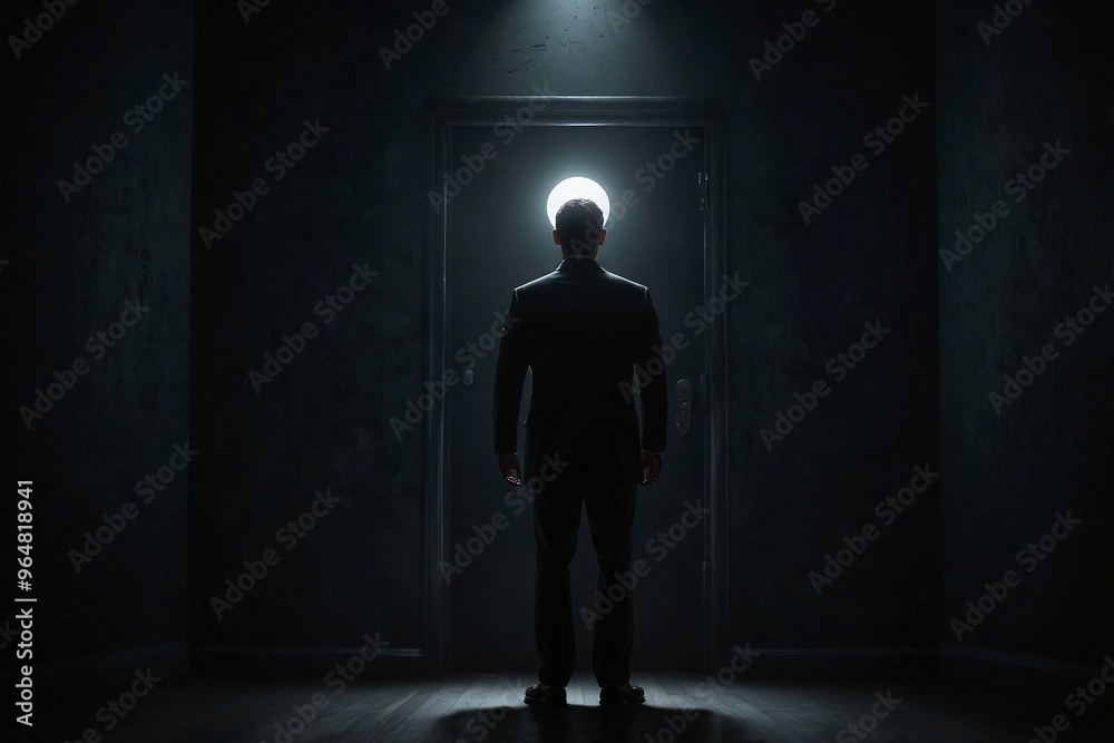 Obraz premium Man in a Formal Suit Standing in a Dark Confined Space, Symbolizing Dreams of Freedom, Departing from a Room Filled with Criminal Atmosphere