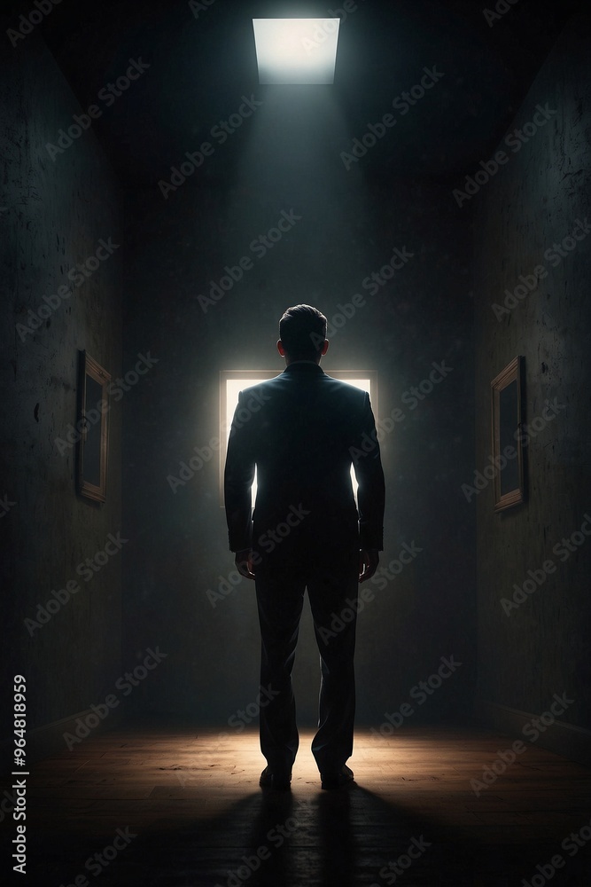 Obraz premium Man in a Formal Suit Standing in a Dark Confined Space, Symbolizing Dreams of Freedom, Departing from a Room Filled with Criminal Atmosphere