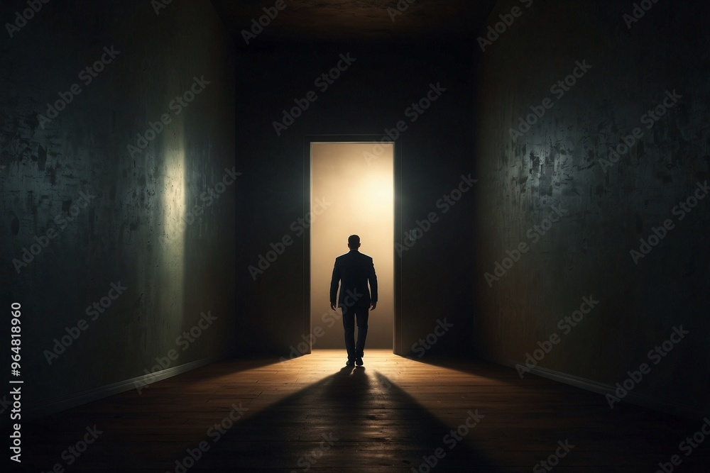 Man in a Formal Suit Standing in a Dark Confined Space, Symbolizing Dreams of Freedom, Departing from a Room Filled with Criminal Atmosphere Man in a Formal Suit Standing in a Dark Confined Space, Symbolizing Dreams of Freedom, Departing from a Room Filled with Criminal Atmosphere
