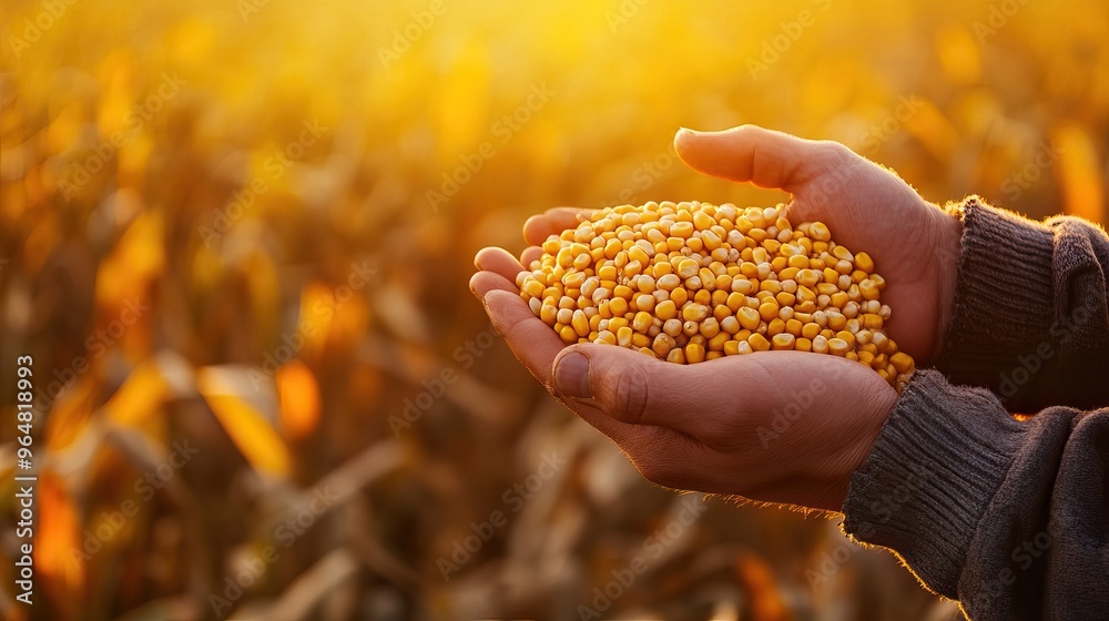 Fototapeta premium Farmer holding yellow grains in the golden light of sunset. AI generated image. Harvesting Background