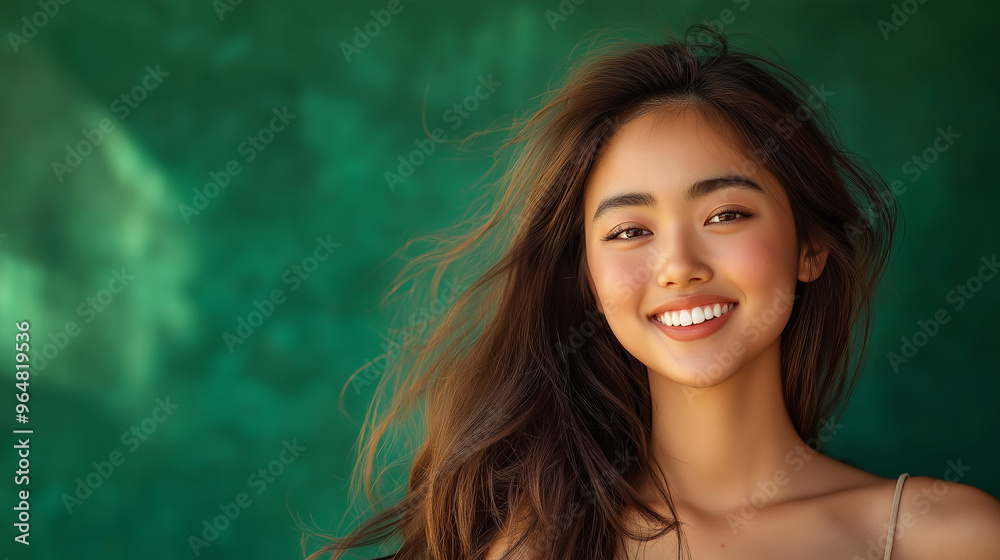 Portrait of a young woman smiling brightly with windblown hair against a blurred green background, showcasing natural beauty and joy in an outdoor setting Portrait of a young woman smiling brightly with windblown hair against a blurred green background, showcasing natural beauty and joy in an outdoor setting