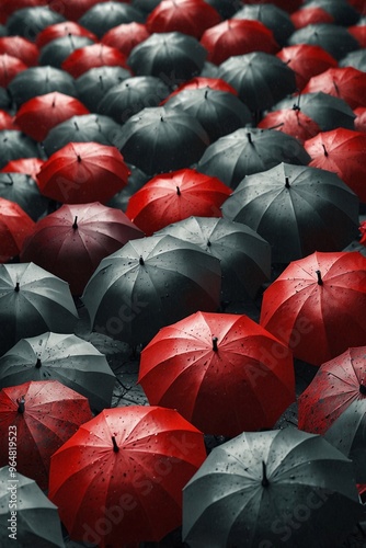 Elegant Background of Red and Gray Umbrellas, Creating an Atmosphere of Style and Contrast