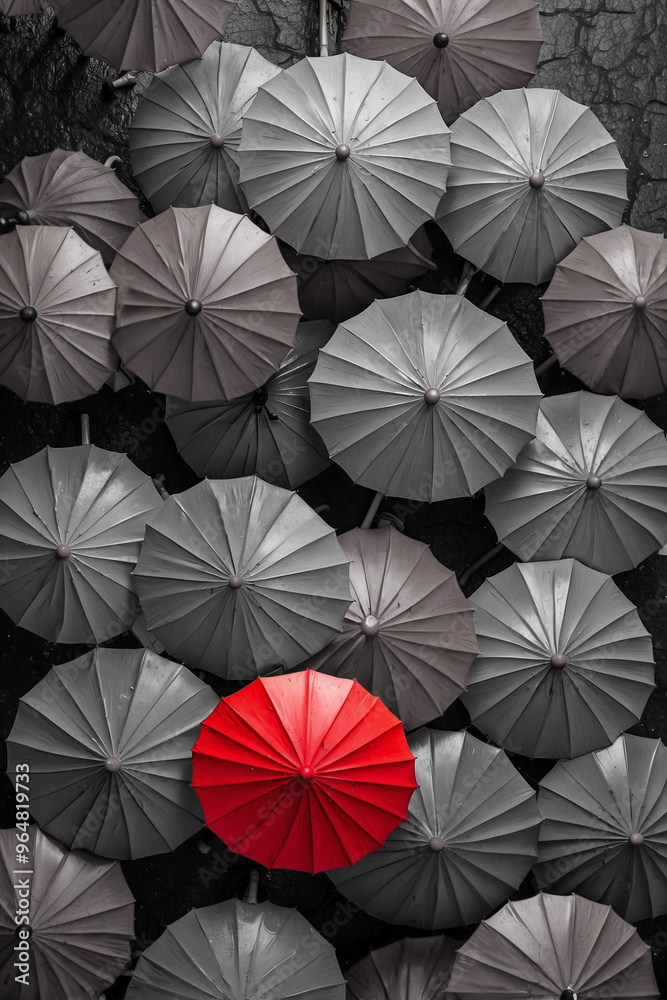 One Bright Red Umbrella Among Gray Umbrellas: Top View of Rainy Umbrellas, Creating Contrast and Atmosphere One Bright Red Umbrella Among Gray Umbrellas: Top View of Rainy Umbrellas, Creating Contrast and Atmosphere