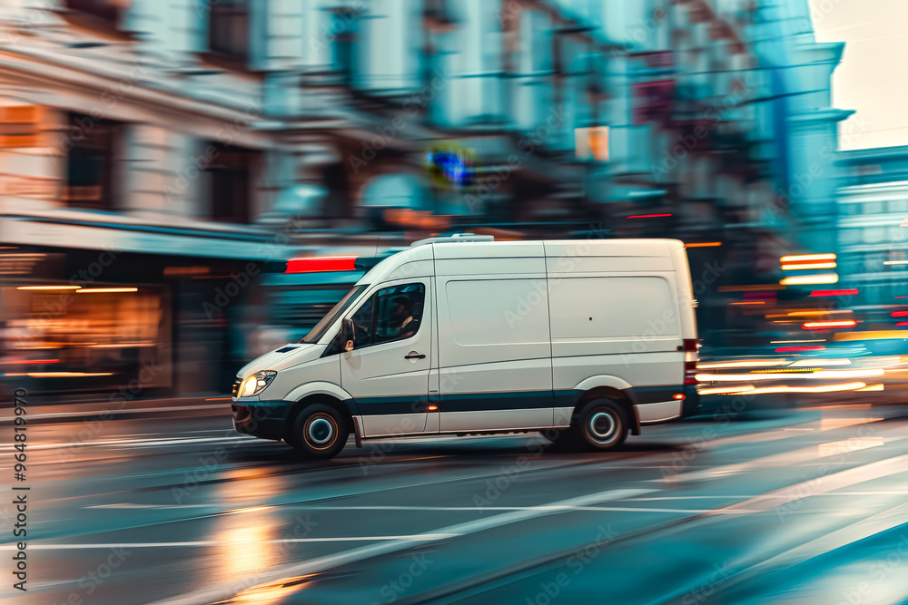 A white van is driving down a street at night. The van is moving quickly and he is in motion A white van is driving down a street at night. The van is moving quickly and he is in motion