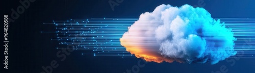 Digital cloud with cascading data streams, representing efficient data processing, Cloud Processing, Data Efficiency