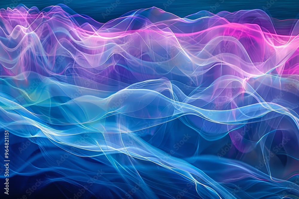 Vibrant waves of colorful light flow across a dark background, blending shades of blue, pink, and purple to create a tranquil and mesmerizing visual experience.
