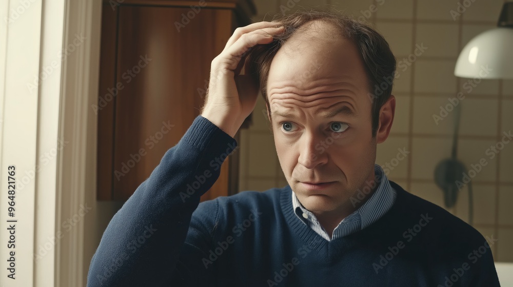 Middle Aged British Man with Pale Skin and Thinning Hair, Wearing a Blue Sweater in a Domestic Setting Middle Aged British Man with Pale Skin and Thinning Hair, Wearing a Blue Sweater in a Domestic Setting