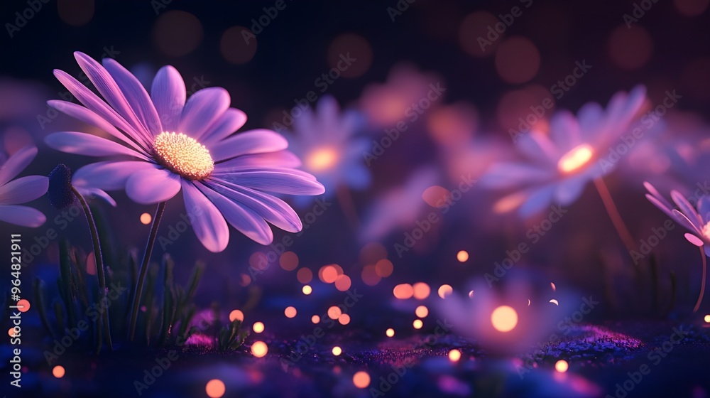 Glowing Daisy flowers against dark dotted light background image Glowing Daisy flowers against dark dotted light background image