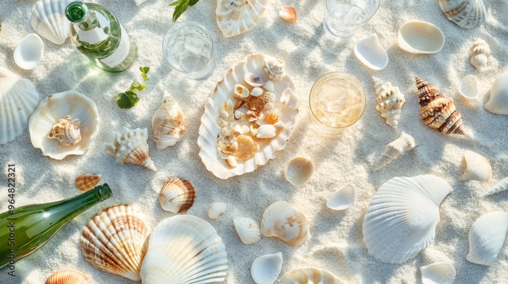 A collection of seashells, glasses, and bottles on the sand. A collection of seashells, glasses, and bottles on the sand.
