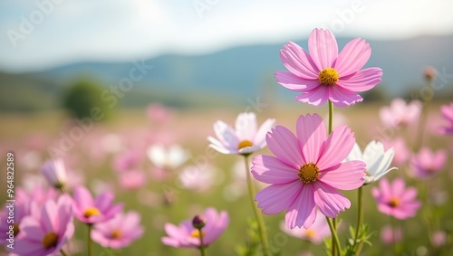 Border of pink and white cosmos flowers against rural landscape backdrop