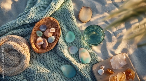 A collection of smooth stones and crystals arranged on a woven blanket and wooden board with a glass of water, a hat and seashells on a sandy beach. photo