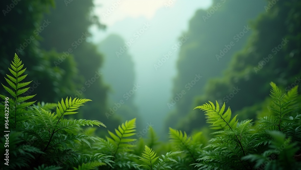 Vibrant green fern leaves frame a misty forest scene in high resolution Tropical rainforest with bokeh background adds depth Vibrant green fern leaves frame a misty forest scene in high resolution Tropical rainforest with bokeh background adds depth
