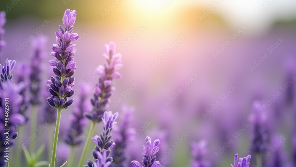 Naklejka premium Vibrant purple lavender flowers frame the edges soft sunlight illuminates a French lavender field backdrop with a blurred bokeh background