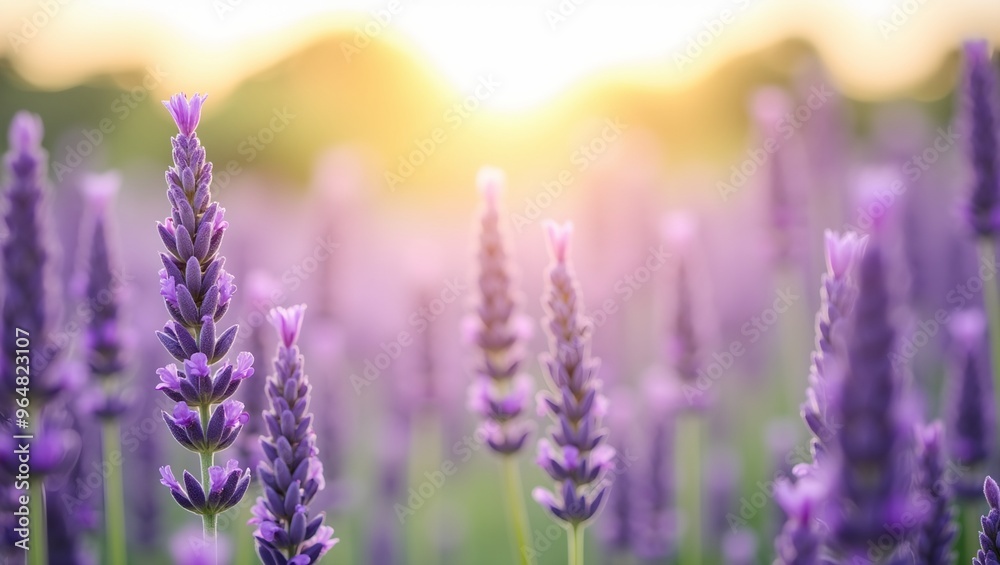 Fototapeta premium Vibrant purple lavender flowers frame the edges soft sunlight illuminates a French lavender field backdrop with a blurred bokeh background