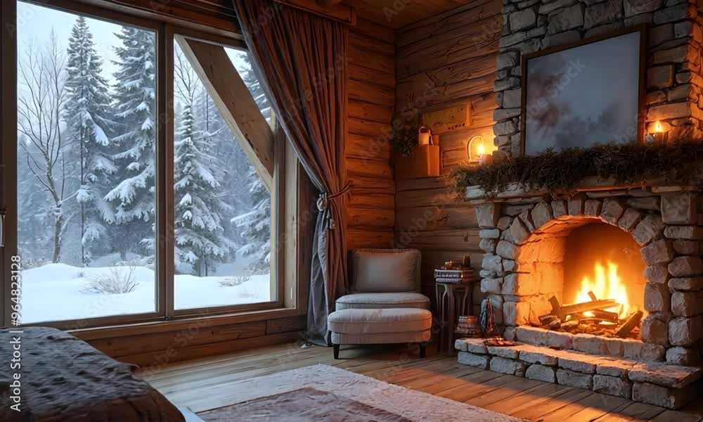 Cozy Log Cabin Interior with Fireplace and Winter View Cozy Log Cabin Interior with Fireplace and Winter View