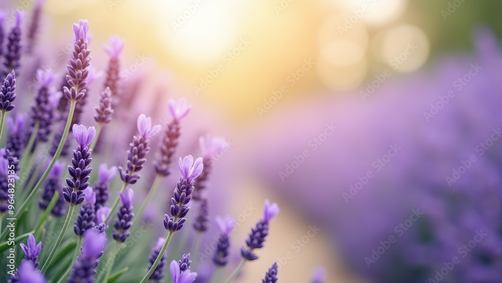 Naklejka premium Vibrant purple lavender flowers frame the edges soft sunlight illuminates a French lavender field backdrop with a blurred bokeh background