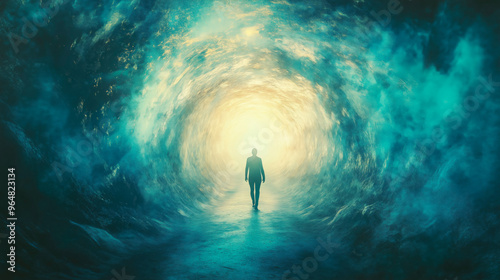 Visual representation of a lone figure entering a tunnel of intense light at the end. Illustration of a near-death experience on a lighted path.