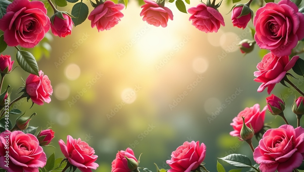 Vibrant rose flowers frame the image border creating a summer garden backdrop with soft bokeh setting Sharp focus and high resolution capture Vibrant rose flowers frame the image border creating a summer garden backdrop with soft bokeh setting Sharp focus and high resolution capture