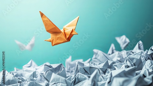 Wallpaper Mural Concept of new ideas and creative thinking as a symbol of innovation and inspiration. A group of crumpled papers with one different paper transforming into an origami bird in flight. Torontodigital.ca