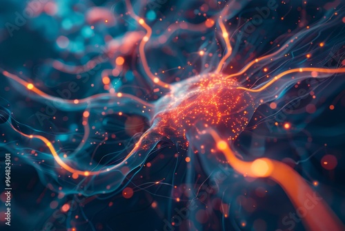 This vivid digital artwork depicts neurons firing and transmitting signals, showcasing intricate connections in an abstract style, illuminated by blue and orange hues.