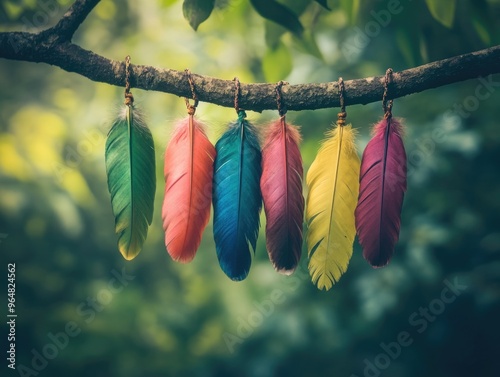 Colorful Feathers Hanging Tree Branch