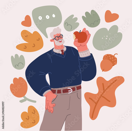 Cartoon Vector Illustration of an Energetic Elderly Man Holding an Apple and Preparing to Eat It