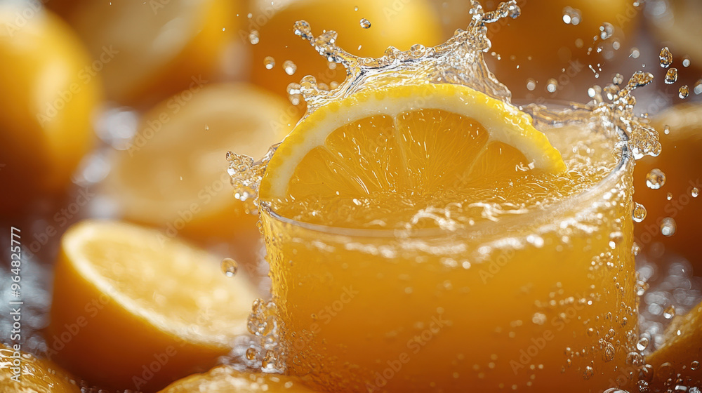 Fresh lemon slice splashing into a glass of citrus juice, surrounded by whole lemons, highlighting refreshing, healthy, and vibrant fruit in a dynamic motion shot Fresh lemon slice splashing into a glass of citrus juice, surrounded by whole lemons, highlighting refreshing, healthy, and vibrant fruit in a dynamic motion shot