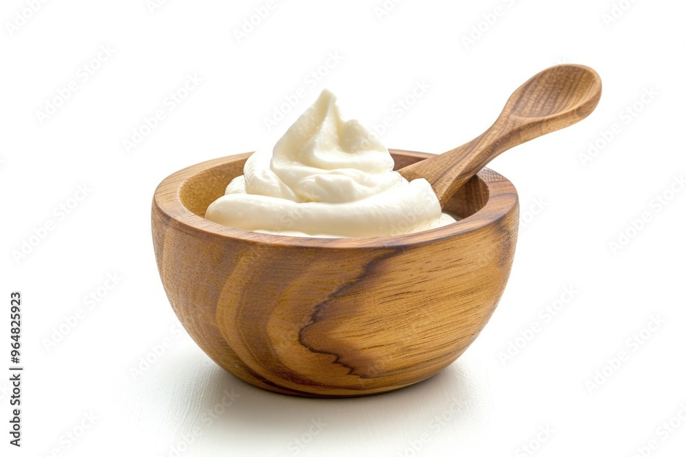A wooden bowl filled with whipped cream, ready for serving or decorating A wooden bowl filled with whipped cream, ready for serving or decorating