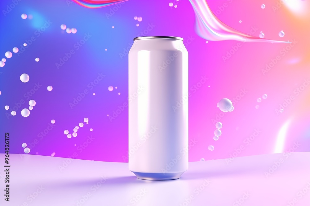 White empty soda can mockup floating in the air on neon abstract background White empty soda can mockup floating in the air on neon abstract background