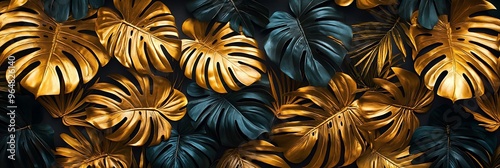 Golden and teal tropical leaves.