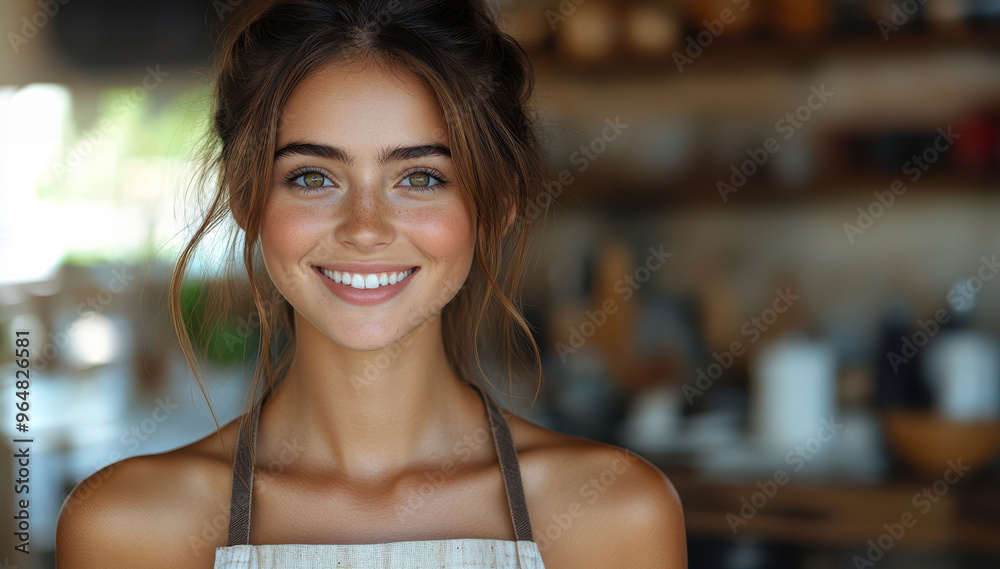 Young woman standing in a rustic kitchen, smiling confidently at the camera, wearing an apron and exuding warmth, representing home cooking and an inviting atmosphere Young woman standing in a rustic kitchen, smiling confidently at the camera, wearing an apron and exuding warmth, representing home cooking and an inviting atmosphere