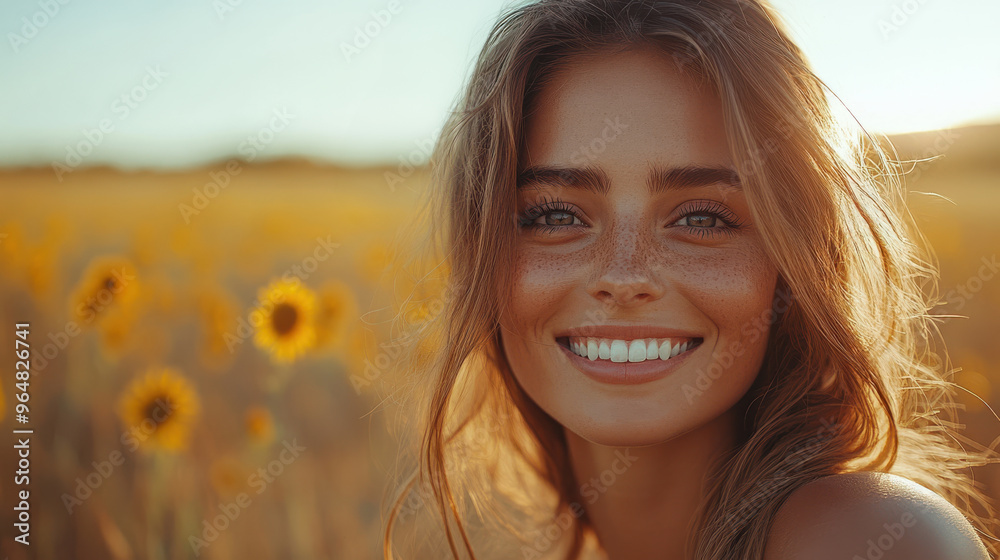 Woman smiling in a sunflower field during golden hour, natural beauty and happiness glowing in the warm sunlight. Freckles and carefree expression create a joyful, serene moment outdoors
