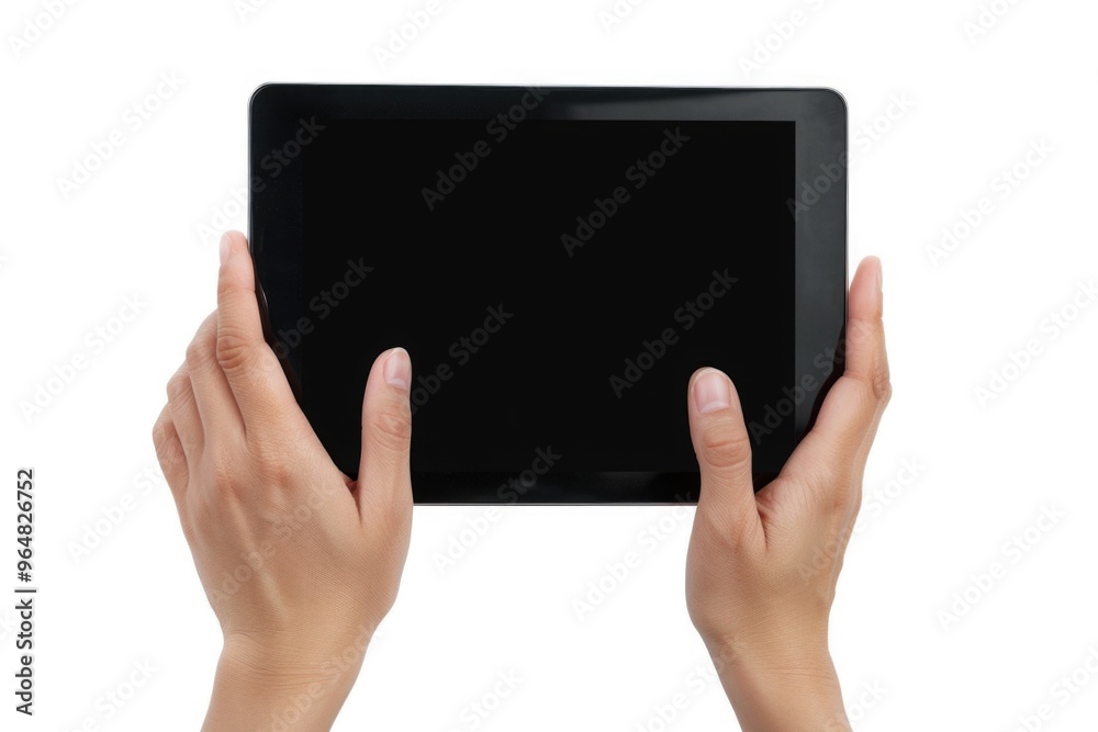 A person holding a tablet computer with a blank screen A person holding a tablet computer with a blank screen