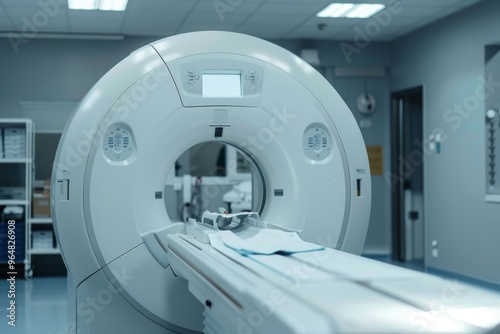 A medical imaging machine stands in a well-lit clinical space, prepared for patient use with essential equipment nearby and a clean environment.