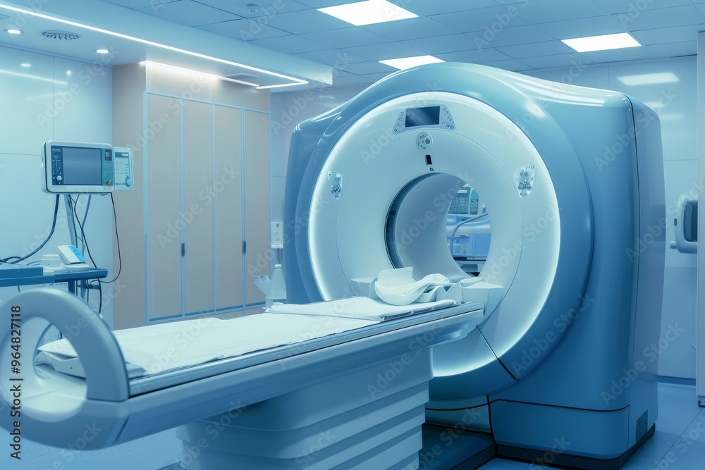 This medical imaging facility features a state-of-the-art CT scanner, surrounded by clean, bright environments and essential monitoring equipment, ready for patient examinations. This medical imaging facility features a state-of-the-art CT scanner, surrounded by clean, bright environments and essential monitoring equipment, ready for patient examinations.