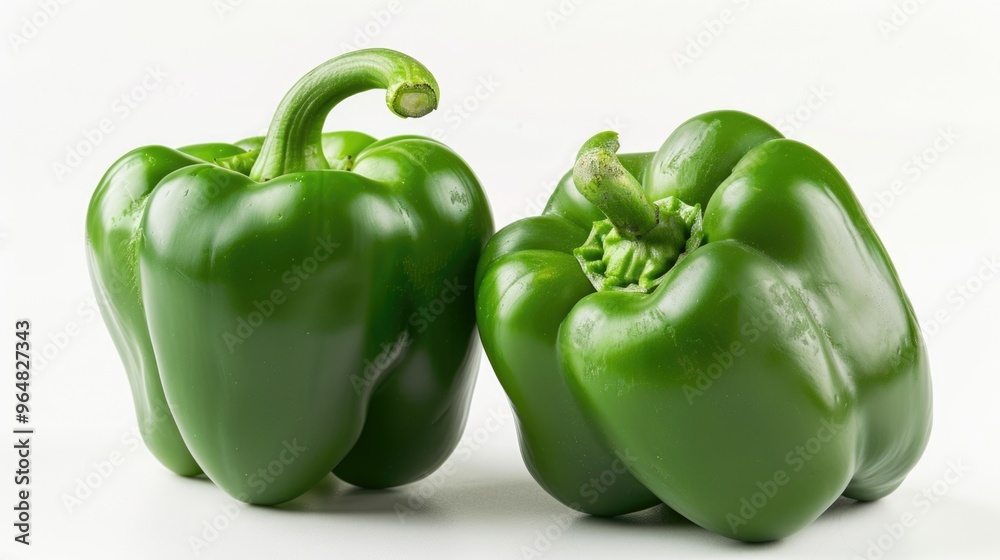 Two green peppers sit next to each other, possibly in a garden or on a table Two green peppers sit next to each other, possibly in a garden or on a table