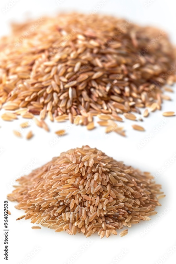 Two large piles of brown rice on a table or floor, ideal for use in food photography or as a prop Two large piles of brown rice on a table or floor, ideal for use in food photography or as a prop