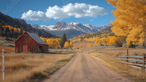 A rustic red barn sits on a grassy field with a dirt road leading to snow-capped mountains in the distance. The trees are golden yellow, indicating a fall scene.