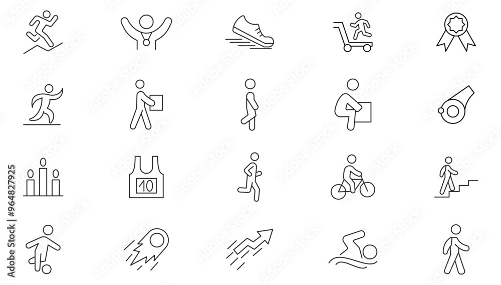 Fototapeta premium Running line icon collection. Running, man, shoe, foot, walking, fast, logotype, energy, symbol, health, active and body icon set. UI outline icon pack.