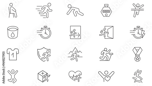 Running line icon collection. Running, man, shoe, foot, walking, fast, logotype, energy, symbol, health, active and body icon set. UI outline icon pack.