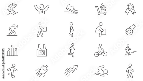 Running line icon collection. Running, man, shoe, foot, walking, fast, logotype, energy, symbol, health, active and body icon set. UI outline icon pack.