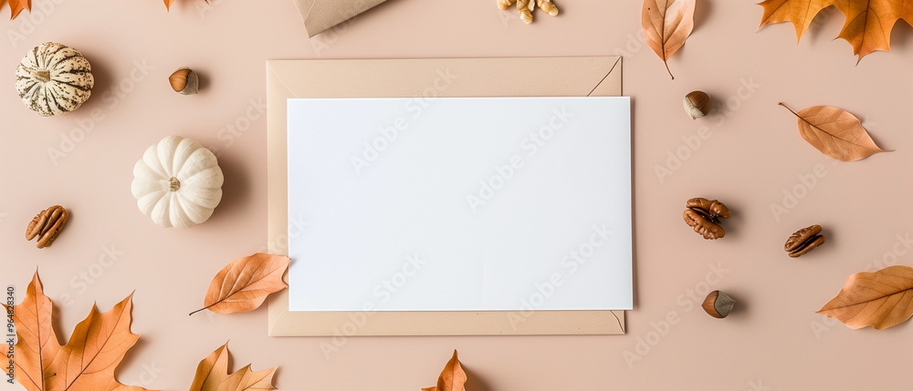 Fototapeta premium coral-colored background with flowers, an envelope, and an empty sheet. The arrangement showcases vibrant, elegant, and modern design elements, card, invitation, template