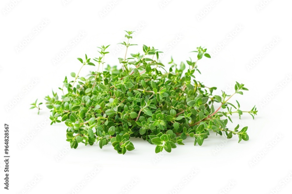 A pile of fresh thyme arranged on a white surface A pile of fresh thyme arranged on a white surface