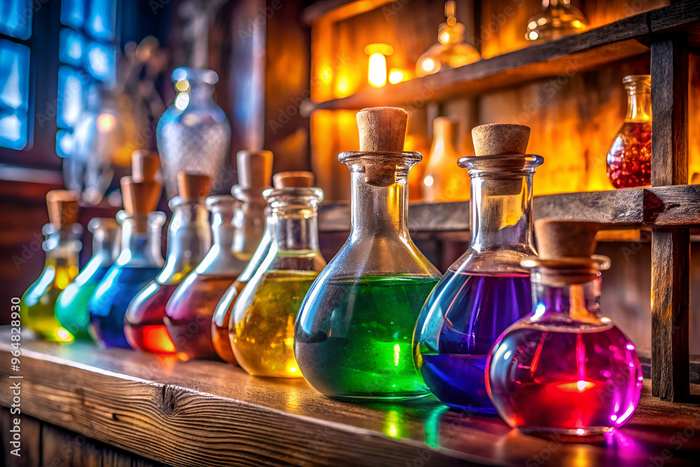 A row of colorful vials of different liquids sit on a wooden shelf. The vials are arranged in a rainbow pattern, with each one containing a different colored liquid A row of colorful vials of different liquids sit on a wooden shelf. The vials are arranged in a rainbow pattern, with each one containing a different colored liquid